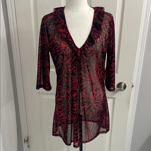 Simon Chang Red & Black Swim Coverup Ruffled Collar Self Tie 3/4 Sleeves Size M - Picture 1 of 11